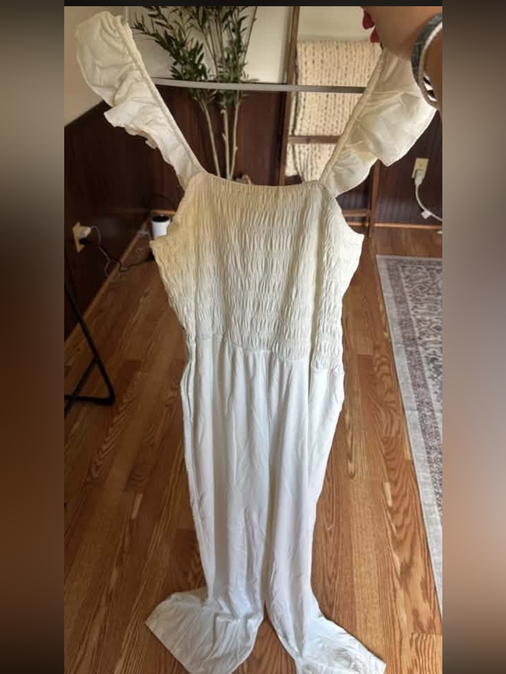 Amazon White Smocked Jumpsuit with Ruffle Straps